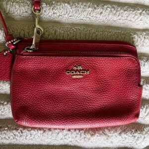 Coach Double Zip Wristlet Red Pebble Leather Wallet 52900